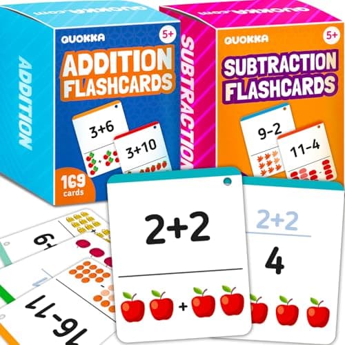 Image of QUOKKA Addition & Subtraction Flash Cards Set for Kids Ages 5-8 – 338 Jumbo Math Flash Cards with Visual Aids, Sorting Rings & Reference Cards – Math Games for Kids 1st to 3rd Grade Classroom & Home