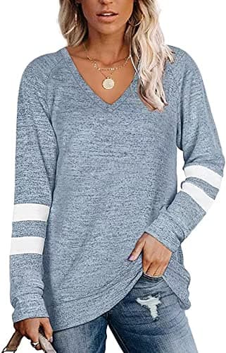 Image of Famulily Womens Light Jumper Solid Color V-Neck Causal Sweatshirt as Sky Blue M