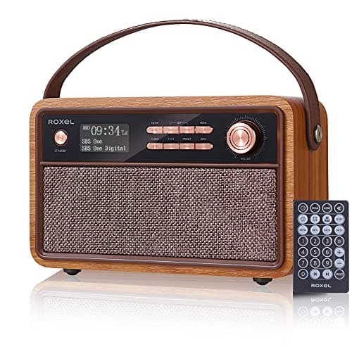 Image of Roxel Retro D1 Vintage DAB+/FM Radio Wireless Speaker | Bedside Alarm Clock with Sleep Function. Rustic Exterior, Mains and USB Rechargeable, TF card, AUX and USB Compatible (Walnut)