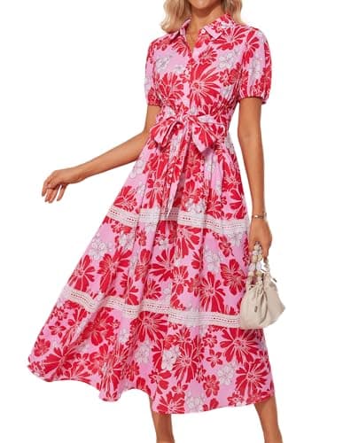 Image of GRACE KARIN Ladies Vintage Victoria Floral Dress Fashion V Neck Smocked Tiered Dress Trendy Tie Belt A Line Maxi Shirt Dress Red Flower XXL