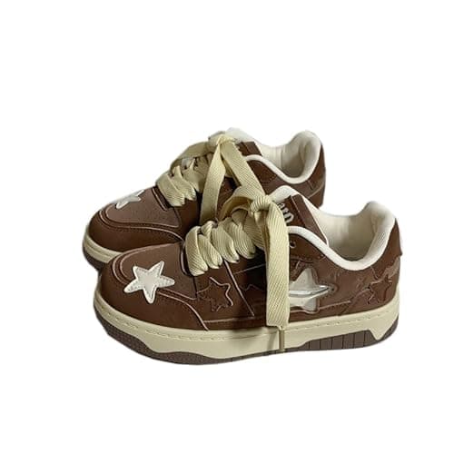 Image of Cute Y2K Star Platform Trainers for Women Low Top Chunky Casual Walking Shoes Breathable Lace-Up Trainers Brown UK 6