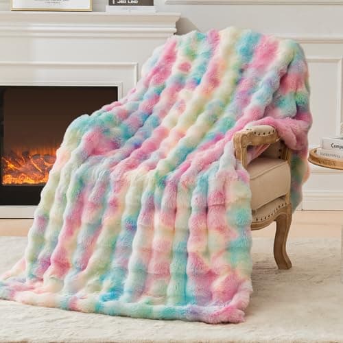 Image of EMME Rabbit Plush Throw Blanket - 230 x 270cm Ultra Soft & Bubble Thick Couch Blanket for Sofa, Fleece-Like Cozy Living Room Blanket,Rainbow