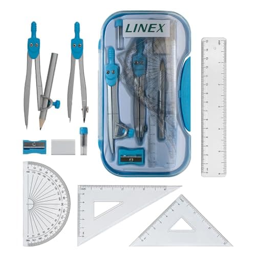 Image of Linex Maths Geometry Set, 10-Piece Exam Kit with Transparent Case, Blue, Includes Self-Centring Compasses, Protractor, Ruler, Set Squares & Eraser