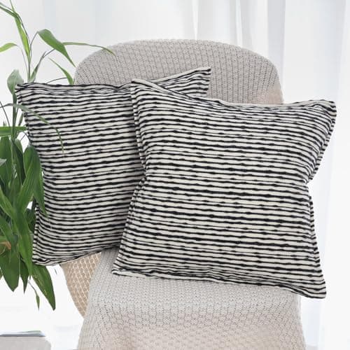 Image of OYIMUA Pack of 2 Cushion Covers 40cm x 40cm Black Chenille Jacquard Stripe Pillow Cases Premium Textured Square Decorative Cushions 16x16 Inches for Sofa Bed & Living Room