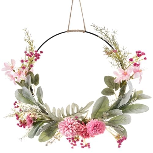 Image of LOMOHOO Door Wreath,Spring Summer Wreath for Front Door,Artificial Pink Flower Wreath for Easter Door Decorations Wall Wedding Farmhouse