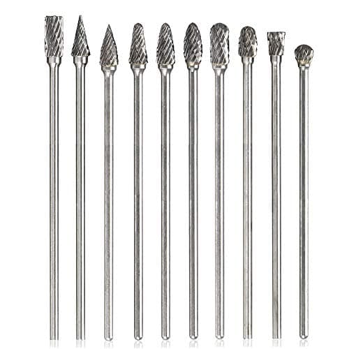 Image of Mesee 10 Pieces Tungsten Carbide Rotary Burrs, Long Reach Double Cut Long Rotating Burr Set with 3mm Shank Files Rasp Twist Drill Bit Polishing Tool Accessory for Rotary Tools, 100mm Length