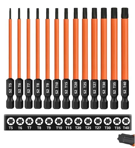 Image of Saipor 13-Piece 4 inch /100 mm Long Torx Bit Set for Impact Driver, S2 Steel Star Bit Set (T5-T40), 1/4'' Hex-Shank Magnetic Torx Screwdriver Bit, Torx Head Drill Bit Set with CNC Machined Tips
