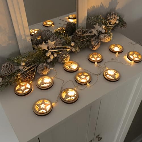 Image of MiniSun | Battery Operated String Lights Wooden Discs Stars & Reindeers | Indoor, Home Décor & Improvement Essential | Pack of 10