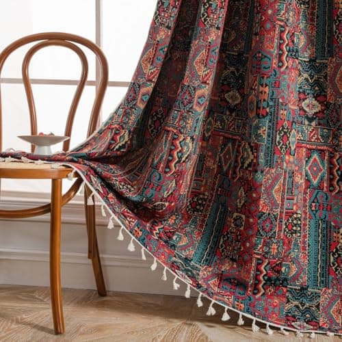 Image of USTIDE Shabby Chic Boho Curtain with Tassels – Farmhouse Multi-Color Geometric Design, Semi-Blackout Room Darkening, Rod Pocket 150x220cm (1 Panel)