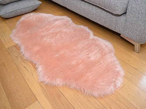 Image of Blush Pink Shaggy Rugs Non Slip Bedroom Mats Fluffy Soft Faux Fur Sheepskin Rug (70cm x 140cm Shape)
