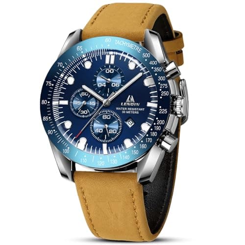 Image of LN LENQIN Mens Watches Leather Watch Analog Quartz Watches for Men 30M Waterproof Men's Wrist Watches Luminous Luxury Fashion Business Casual Watch with Date (Brown Blue)