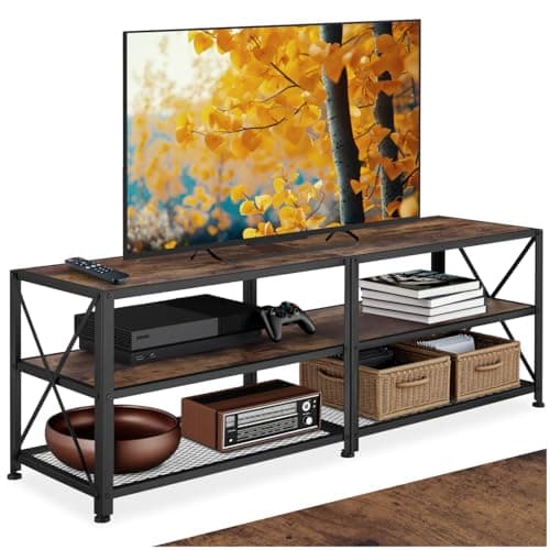 Image of tectake® TV Unit with 3 Open Shelves, Modern Console Table with Industrial Steel Frame & Wood-Look Shelves, Low Sideboard for Living Room, Hallway & Bedroom, 141 x 41.5 x 50.5 cm - Dark Wood