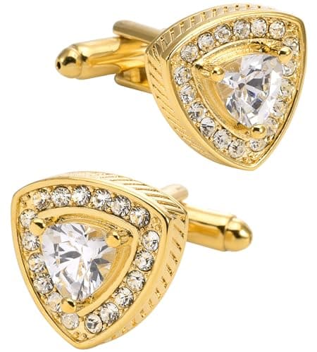 Image of Jonwo 14K Gold Plated Triangle Gem Stone Cufflinks for Men Wedding Dress Men Crystal Cufflink for Shirt Party Birthday Anniversary Dress (Transparent Crystal)