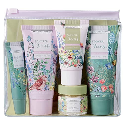 Image of Heathcote & Ivory Hand Cream, Body Lotion 50ml, Foot Cream 30ml, Bath Salts 30g, Lip Balm 10ml, Shea Butter, Essential Oils, Reusable Bag, Travel Size, Vegan and Cruelty Friendly, Gift For Her