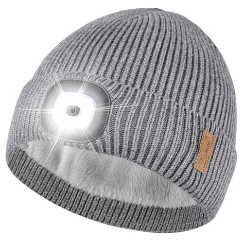 Image of Etsfmoa Unisex Beanie with The Light,Fleece Lined Warm Knit Hat,Gifts for Men Women,Rechargeable LED Cap (UK, Alpha, One Size, Grey)