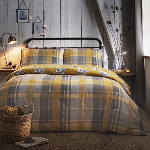Image of Dreams & Drapes - Ochre Checkered Hedgehog Duvet Cover - King Bedding Size (230 x 220cm) - Soft 100% Brushed Cotton - Reversible Design - Ochre Yellow Flannelette Woodland Bedding with Hedgehogs