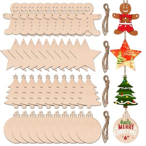 Image of RNHDLY 40 Pcs Wooden Christmas Decorations - DIY Wooden Christmas Shapes with Holes and String for Tree Decoration