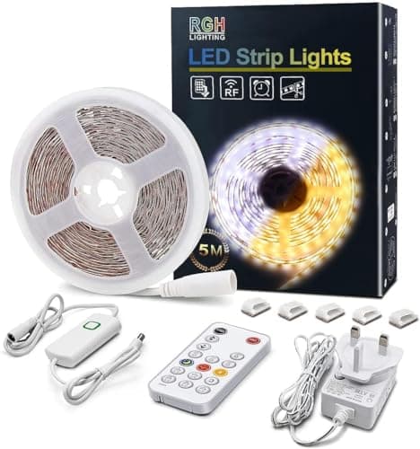 Image of LED Strip Lights Warm White, 5m Dimmable LED Light Strip with RF Remote, 300 Bright 3000K 2835 LEDs, Plug-in Adhesive Rope Lights with Timing Mode for Living Room Bedroom Kitchen Cabinet Mirror Decor