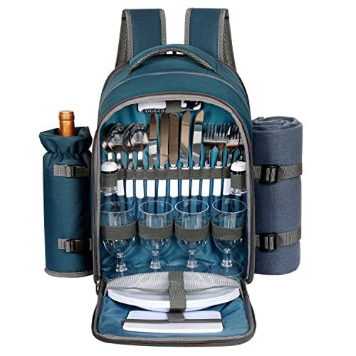 Image of Hap Tim Picnic Basket Backpack for 4 With Blanket, Wine Holder, Cooler Compartment, Cutlery Set - Couples Gift, Mr & Mrs, Bridal Shower, Wedding Registry - Blue (3065-BL)