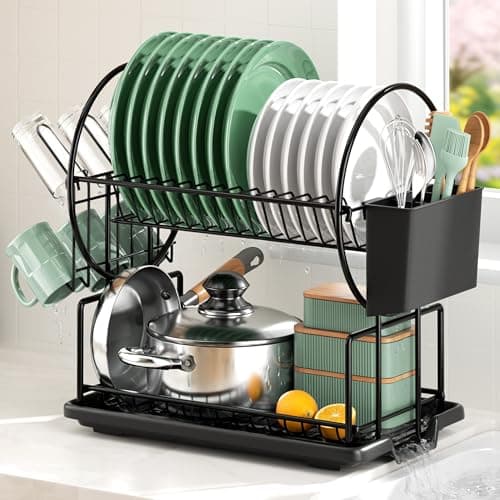 Image of niffgaff 2-Tier Black Dish Drying Rack for Kitchen Countertop - Stainless Steel Dish Drainer with Drip Tray, Draining Board & Utensil Holder & cup holder for Small Spaces