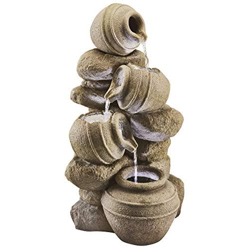Image of Serenity Stone Effect Tipping Pots Cascading Water Feature, Outdoor, Self Contained, with LED Lights, Height 72cm (4 Tipping Pots)