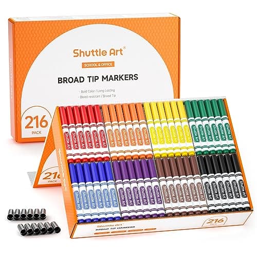 Image of Shuttle Art 216 Pack Washable Felt Tip Colouring Pens for Kids - 8 Colours, Broad Line Markers for Children, Chunky Felt Tip School Pack - Classroom School Supplies