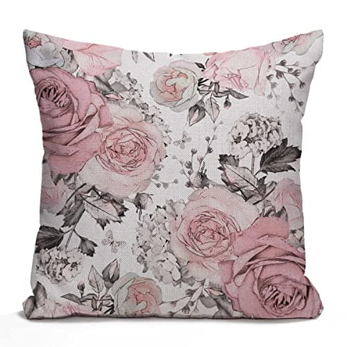 Image of Tomda Pink Flowers and Leaves Cushion Cover, Watercolor Floral Pattern Pillow Cover, Flower Rose Burlap Throw Pillow Case Couch Sofa Decorative Square 45cmx45cm 18x18 inches