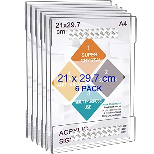 Image of A4 Acrylic Frame Wall Sign Holder, 6pcs Perspex Self Adhesive Wall Poster Display Holder with 3M Tape Without Drilling, Memo Documents Menu Holders for Office, Home, Store, Restaurant