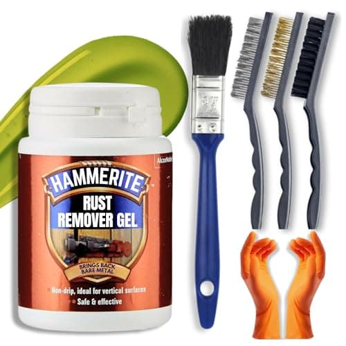 Image of Rust Remover for Metal Bundle with 100ml Hammerite Rust Remover Gel, Wire Brush Set (Nylon Steel Brass), Gloves & Decex Paintbrush - Rust Treatment Kit for Cars, Bikes, BBQ, Vehicles, Gates, Chrome