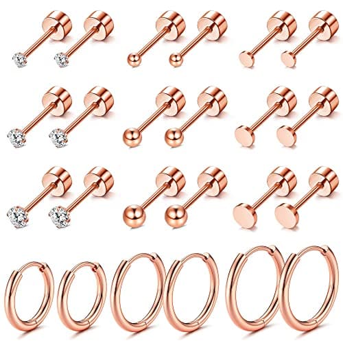 Image of Morfetto 12Pairs Tiny Stud Hoop Earring Stainless Steel Earring Sets for Multiple Piercings Flat Back Earrings Cartilage Small Hoop Earrings Rose Gold