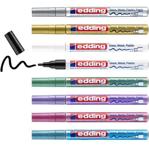 Image of edding 751 gloss paint marker set - black white gold silver blue green violet pink (metallic) - 8 pens - round tip 1-2 mm - paint pen for glass pebbles wood plastic paper - waterproof, high coverage