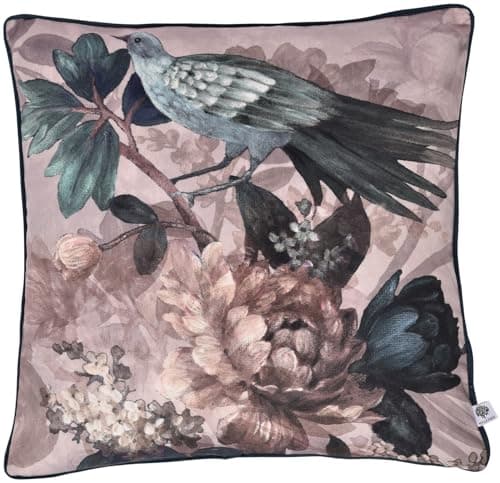 Image of Appletree Velvet Cushion – Teal & Navy Floral Bird Design – 43 x 43cm Decorative Throw Pillow with Filling – Soft Touch Piped Edge Cushion for Sofa, Bed & Home Decor