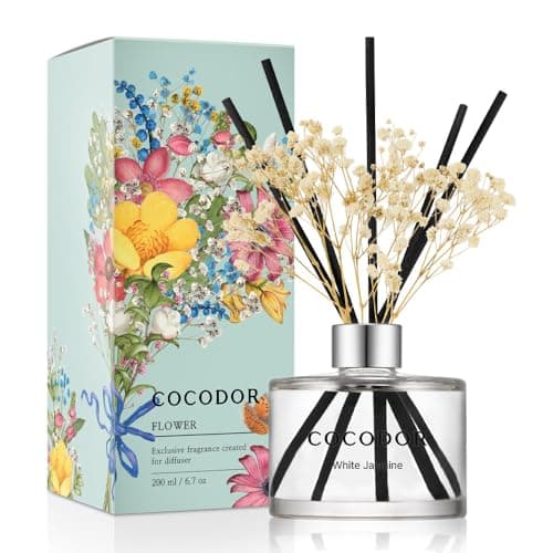 Image of COCODOR Flower Reed Diffuser Set / 6.7oz / White Jasmine Scent Home Fragrance for Bathroom Shelf Decor
