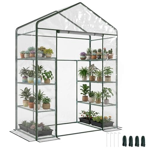 Image of Outsunny Walk in Greenhouse with 4-Tier 8 Shelves, Green House with Hemmed Cover, Roll-up Zipped Door, Steel Frame, 143 x 73 x 195cm