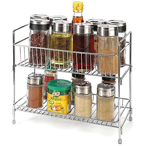Image of Vinsani 2 Tier Free Standing Spice Rack - Cupboard Wall Kitchen Counter Storage Organiser Holder Perfect for Spice Jars, Herb Seasonings and Bottled Condiments – Chrome