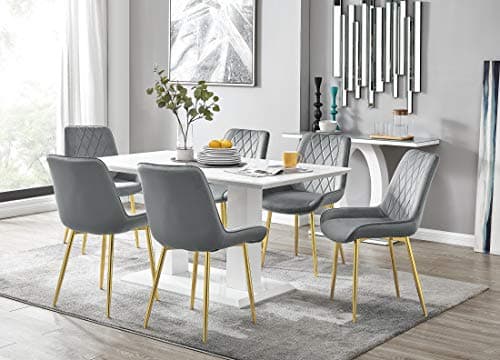 Image of Furniturebox UK Imperia Modern White High Gloss Dining Table And 6 Stylish Pesaro Velvet and Gold Leg Dining Chairs Set (Dining Table + 6 Grey Pesaro Gold Chairs)