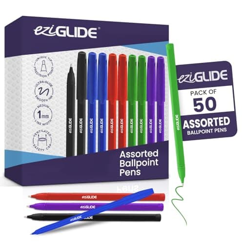 Image of Eziglide 50-Pack Ballpoint Pen Set, 5 Assorted Colours – Medium Point Nib (1.0mm) for Precise Writing & Ergonomic Grip – Writing Pens for Home, Office, Teachers, Exams, Work, and Stationary Use