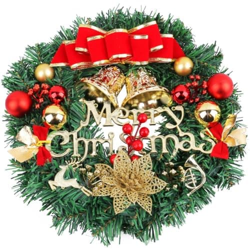 Image of LATERN 30CM Christmas Wreath, Artificial Christmas Front Door Wreath Merry Christmas Pine Garland with Bowknot Bell Deer Red Berry Flower for Door Wall Fireplace Window Xmas Tree Decoration