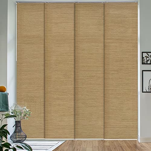 Image of GoDear Design 4 Panel Room Dividers Screen 116 cm-218 cm W x Up to 243 cm H, Extendable 4-Rail Sliding Track Privacy Screens Room Dividers, BedRoom Panel Screens, Woven Room Divider Curtains, Pecan