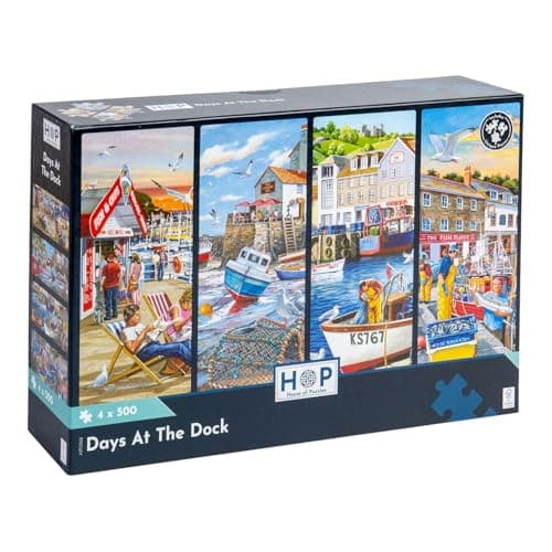Image of The House of Puzzles Days At The Dock Jigsaw Set - 4 x 500 Piece Jigsaws For Adults, Multi Puzzle Pack, Artist Illustrated, Deluxe Puzzle Gifts, Sustainably Made