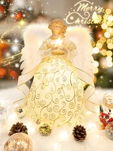 Image of MACTING 12'' Angel Tree Topper with White Feather Wings and Gold Skirt, Christmas Tree Topper with LED Light for Tree Toppers Holiday Ornament Decorations, Gold