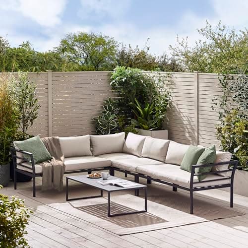 Image of Furniturebox 6 Seat Aluminium Corner Sofa Set - Grey & Grey Cushions - Coffee Table, UV Resistant, 140x78cm - Montenegro Collection