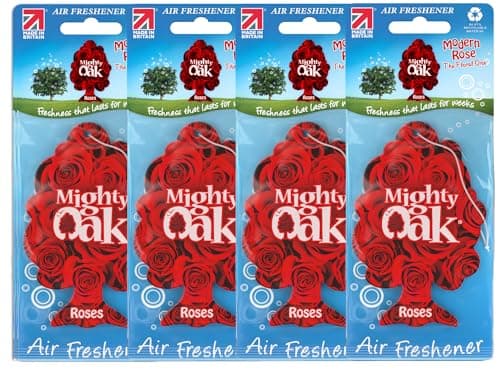 Image of Mighty Oak Air Freshener - Modern Rose Fragrance (4 Pack) - Long Lasting Hanging Car Deodoriser - Odour Eliminator Air Freshener - Auto Accessories - UK Made Car Scent Freshener