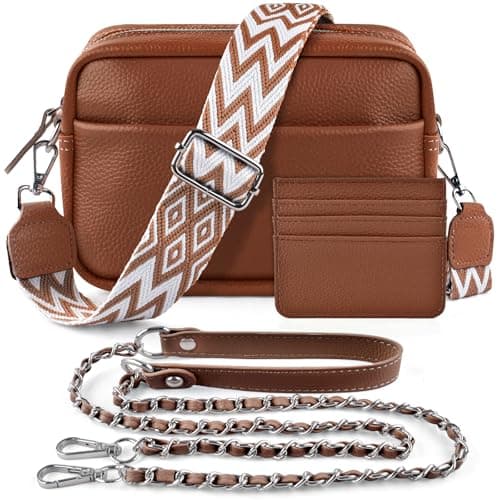 Image of BROTOU Crossbody Bag for Women, Leather Handbag & Shoulder Bag with Adjustable Wide Strap, Chain Strap & 3-Slot Card Holder, Camera Cross Body Bag for Lady Girl Shopping Daily Use (A-Brown)