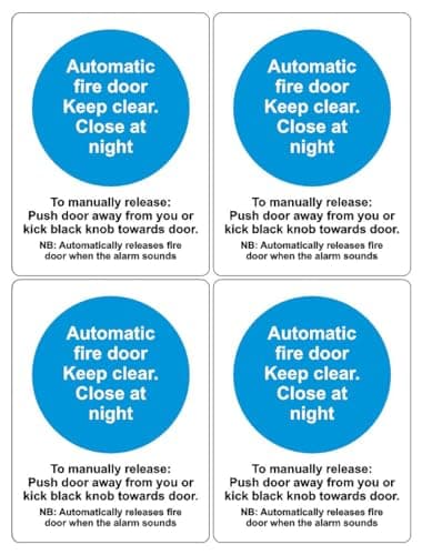 Image of Automatic fire door keep clear equipment Safety sign - Pack of 4 150mm x 100mm Self adhesive stickers - Self adhesive stickers on sheet (300mm x 200mm)