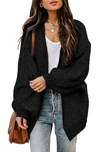 Image of Jhsnjnr Women's Chunky Knit Open Front Cardigans with Pockets Casual Oversized Long Sleeve Sweaters Black