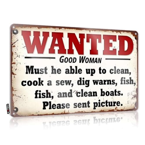 Image of Metal Home Bar Signs Wanted Good Woman Must Be Able To Clean, Cook, Sew, Dig, Warn, Fish Tin Sign Funny Garage Signs For Men Dorm Door Sign(20X30CM)
