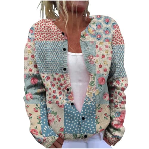 Image of TURWXGSO Cardigans for Women UK Plus Size S-5XL Floral Embroidered Knit Cardigan Vintage Button Front Cover Up Sweater Coat Lightweight Open Front Long Sleeve Sweaters Jacket