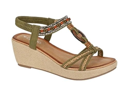 Image of Cipriata Ladies Womens Jewelled Elasticated Sling Back Platform Wedge Sandal Khaki PU UK 5