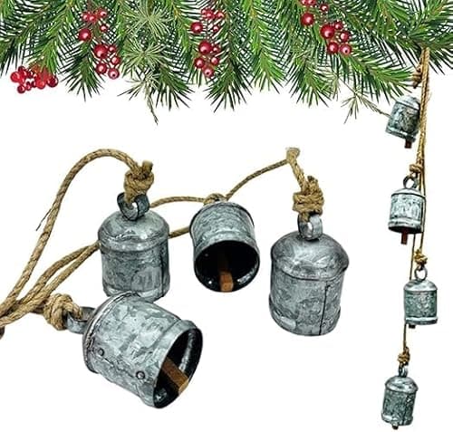 Image of Set of 4 Vintage Rustic Cow Bells Hanging on Rope Harmony Shabby Chic Christmas Bells for Decoration Tin Metal Lucky Bell Handmade Rustic Metal Hanging Style Giant Cow Bell Christmas Decor Gifts